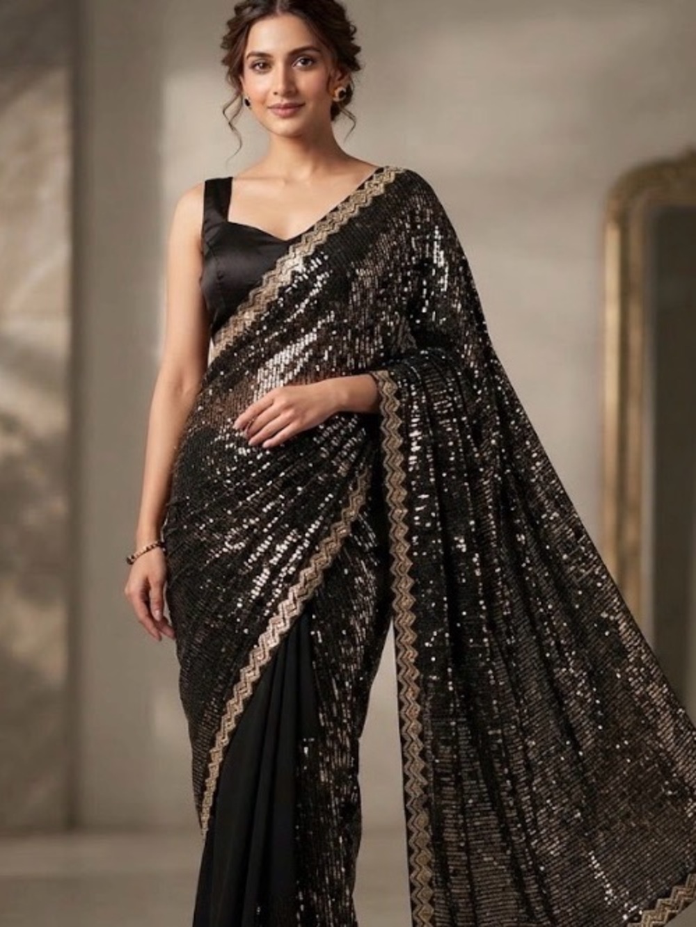 Black & Gold Bollywood Sequin Saree Set